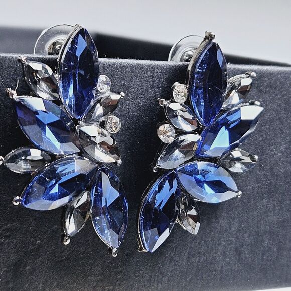 Retro Fancy Rhinestone Stud Earrings Woman's Drops Crystal Blue Clusters Dangle - Picture 4 of 8